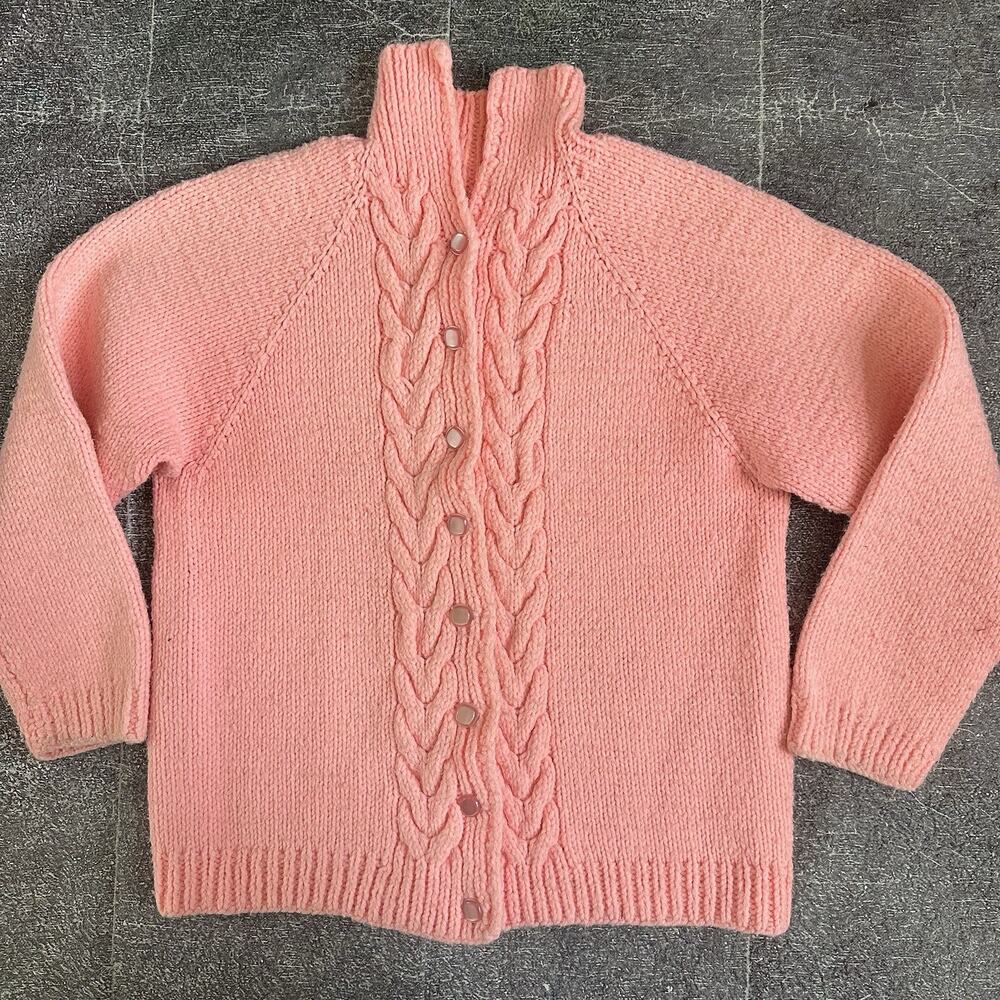 Womens Vintage 70s Bright Pink Cable Chunky Knit Button Up Cardigan Sweater Sz M
